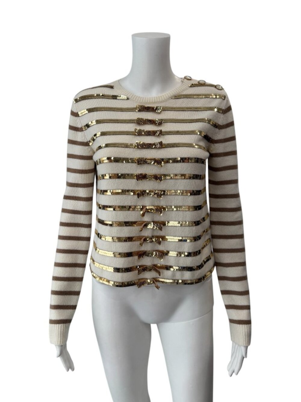 $3000 Valentino Ivory Gold Stripe Sequin Button Sailor Bow Sweater size Small
